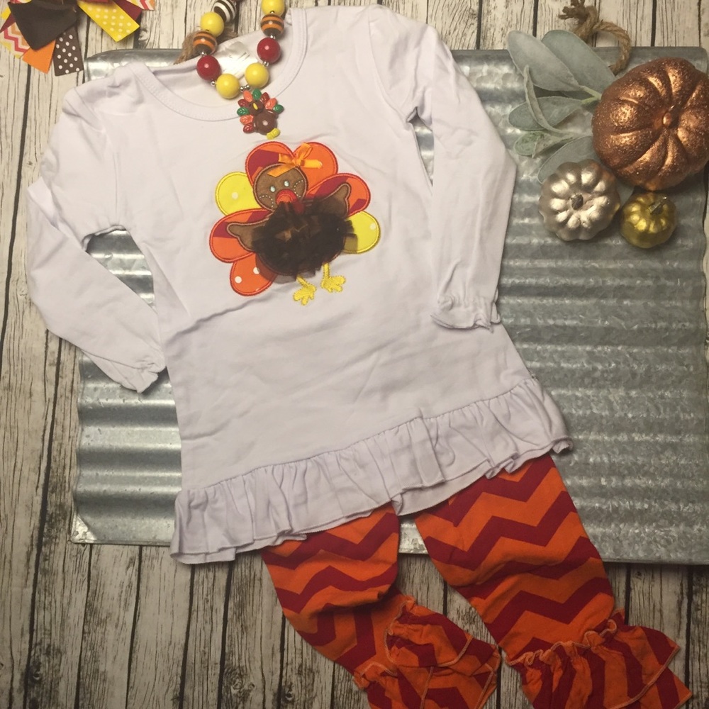 💥Last One💥🦃 Girls Boutique 2pc. Ruffle Chevron Thanksgiving Turkey Outfit - Picture 6 of 11